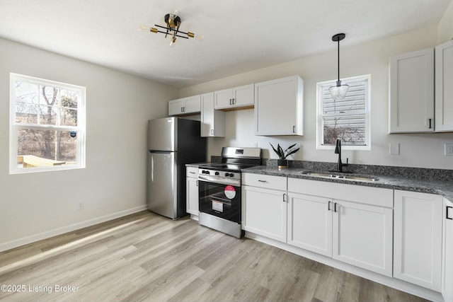 kitchen featuring white cabinetry, sink, stainless steel appliances, and light wood-type flooring