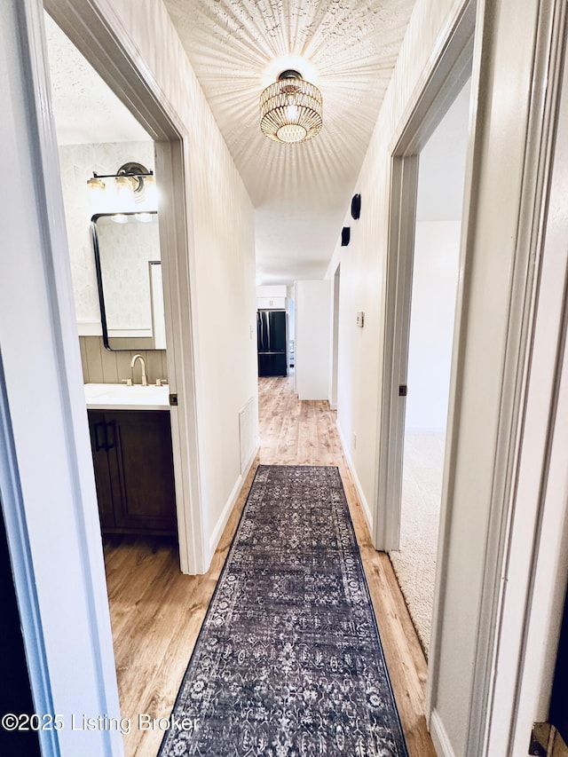 hallway with hardwood / wood-style flooring and sink