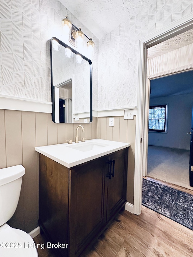 bathroom featuring vanity, hardwood / wood-style floors, a textured ceiling, and toilet