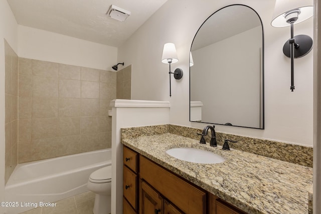 bathroom with tub / shower combination, vanity, toilet, and tile patterned floors