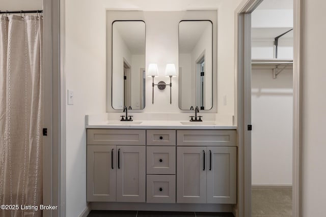 bathroom featuring double vanity, a spacious closet, baseboards, and a sink