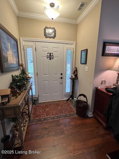 foyer featuring crown molding, dark hardwood / wood-style floors, and a wealth of natural light