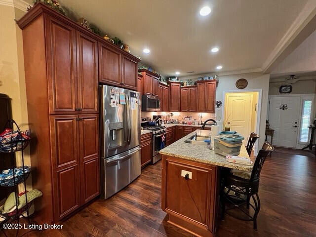 kitchen featuring appliances with stainless steel finishes, dark hardwood / wood-style floors, light stone countertops, and sink