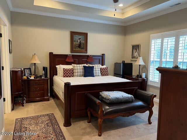 bedroom featuring ornamental molding and a raised ceiling