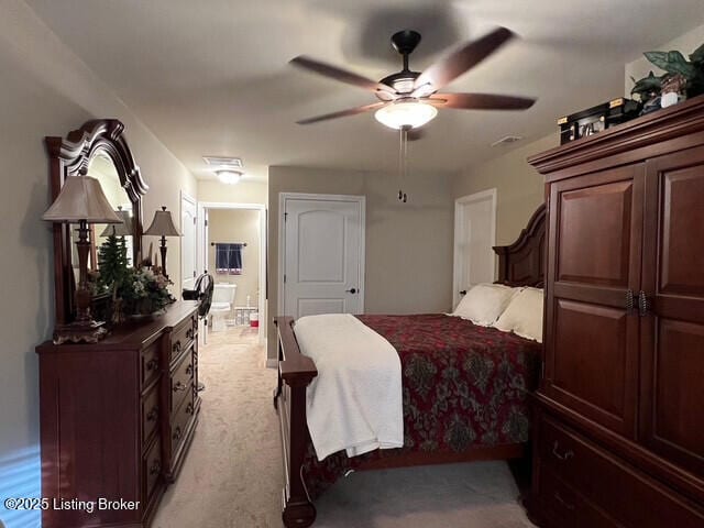 bedroom with light carpet and ceiling fan