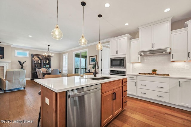 kitchen featuring under cabinet range hood, a sink, backsplash, open floor plan, and appliances with stainless steel finishes