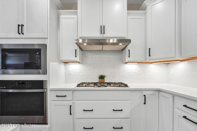 kitchen with white cabinetry, under cabinet range hood, backsplash, and appliances with stainless steel finishes