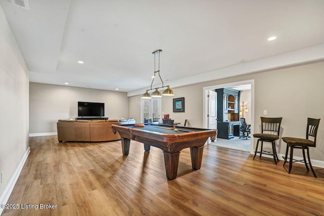 recreation room with recessed lighting, baseboards, light wood-style flooring, and billiards