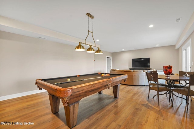 recreation room with visible vents, pool table, baseboards, recessed lighting, and light wood-style floors