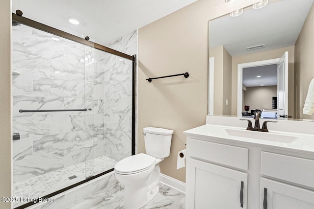 full bath with vanity, baseboards, a marble finish shower, toilet, and marble finish floor