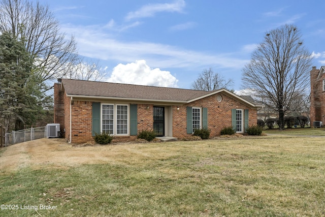 single story home with central AC and a front lawn