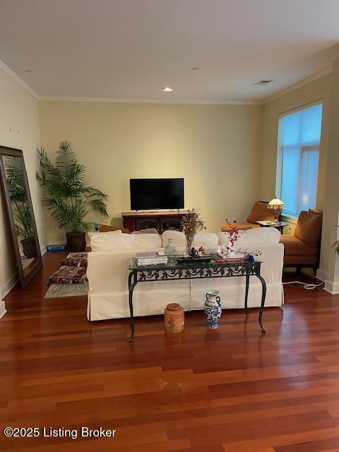 324 E Main St Unit 405, Louisville, KY 40202 - living room featuring dark hardwood / wood-style flooring and ornamental molding