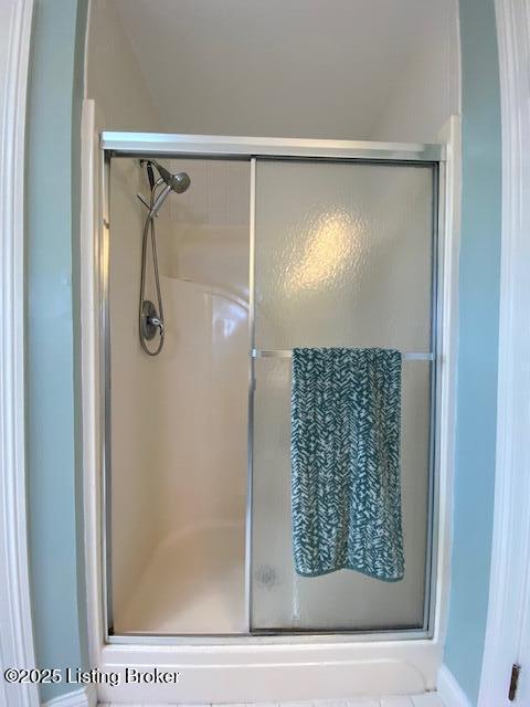 bathroom featuring a shower with shower door