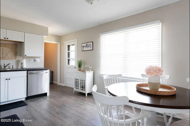 kitchen with white cabinetry, dark hardwood / wood-style flooring, dishwasher, and sink