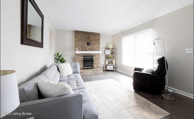 living room with a fireplace and wood-type flooring