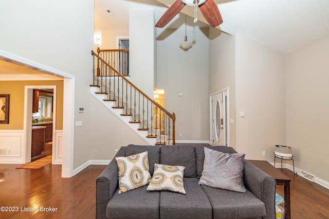 110 E Mandarin Ct, Elizabethtown, KY 42701 - living room featuring ceiling fan, a towering ceiling, and dark hardwood / wood-style floors