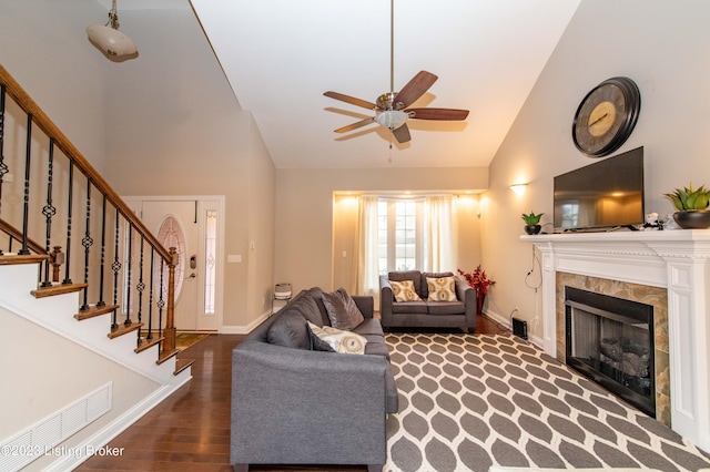 110 E Mandarin Ct, Elizabethtown, KY 42701 - living room with dark wood-type flooring, ceiling fan, a fireplace, and high vaulted ceiling