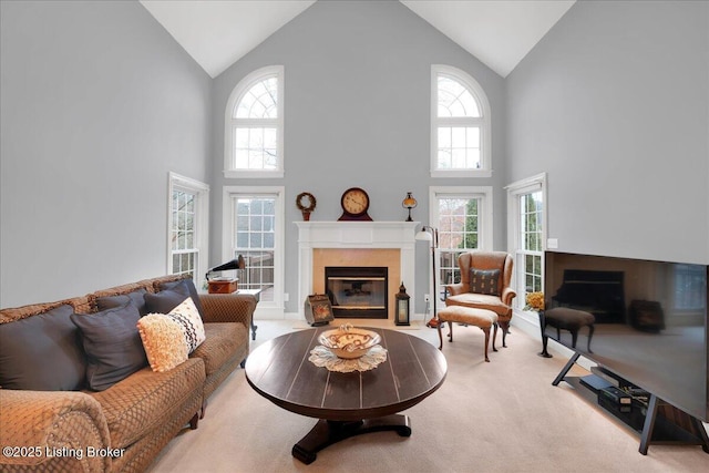 living room featuring lofted ceiling and light carpet