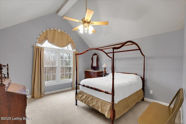 bedroom featuring ceiling fan, light colored carpet, and lofted ceiling with beams