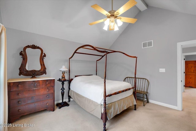 bedroom featuring beamed ceiling, ceiling fan, high vaulted ceiling, and light carpet