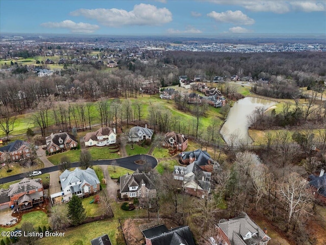 aerial view featuring a water view