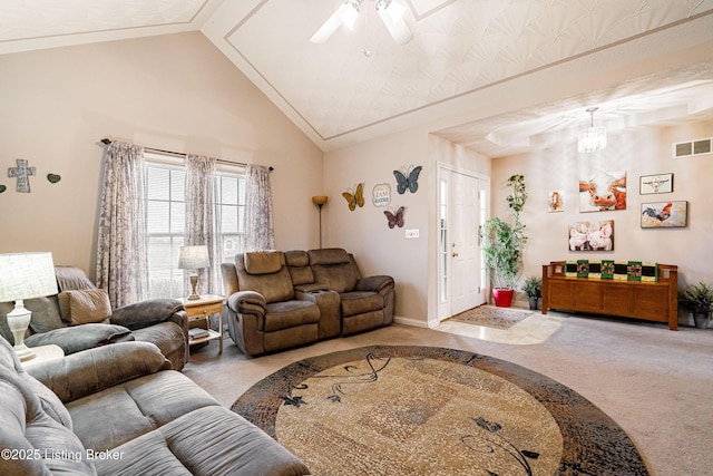 living room with high vaulted ceiling, carpet flooring, and ceiling fan