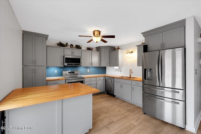 kitchen with butcher block counters, sink, appliances with stainless steel finishes, gray cabinets, and light hardwood / wood-style floors