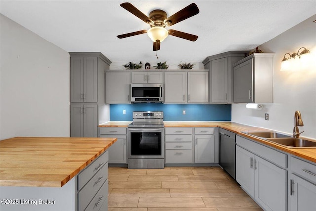 kitchen featuring wood counters, sink, stainless steel appliances, and gray cabinetry