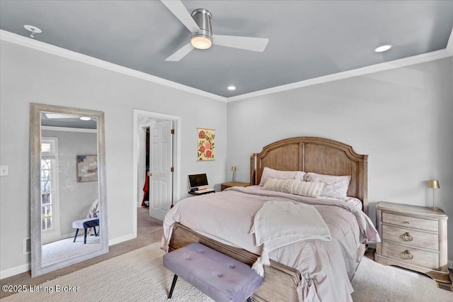 bedroom with crown molding, light colored carpet, and ceiling fan