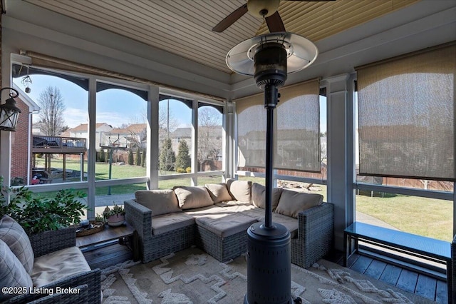 sunroom / solarium featuring ceiling fan and wood ceiling