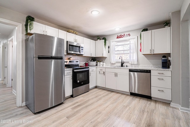 kitchen with a sink, white cabinetry, baseboards, appliances with stainless steel finishes, and light wood-type flooring