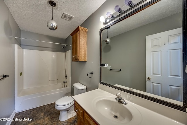 full bathroom featuring a textured ceiling, shower / bathtub combination, toilet, vanity, and visible vents