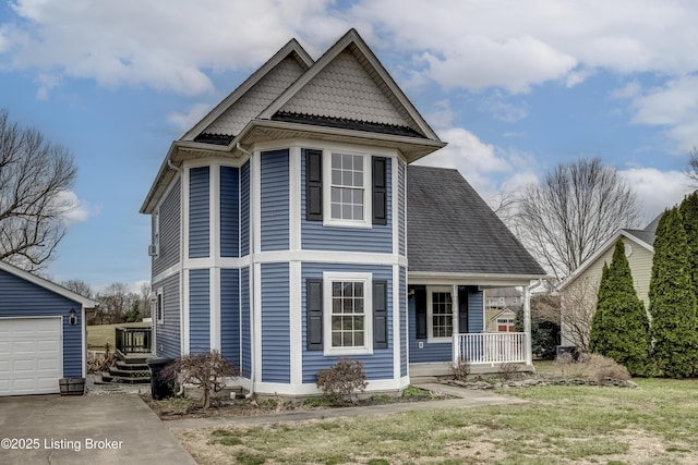 view of front facade featuring an outbuilding, driveway, a porch, and a garage