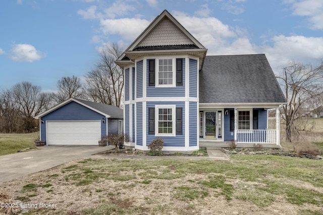 view of front of home with roof with shingles, a detached garage, a porch, and an outdoor structure