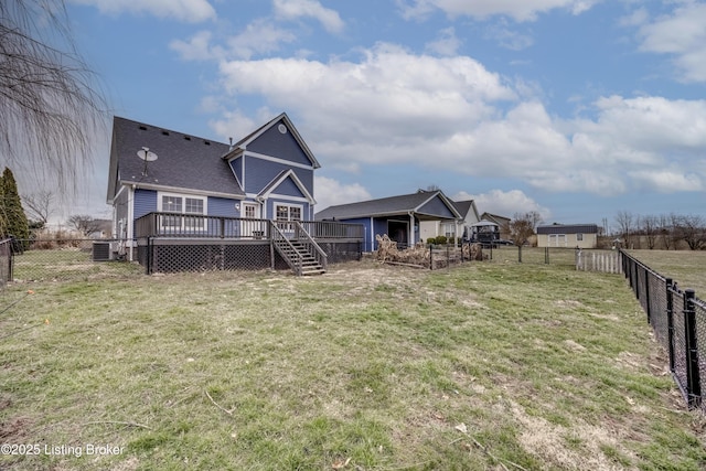 view of yard with stairs, central AC, a fenced backyard, and a wooden deck