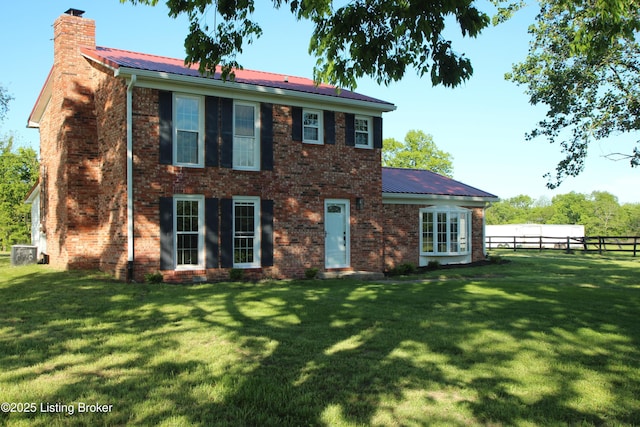 1472 Mulberry Pike, Eminence, KY 40019 - colonial home with a chimney, brick siding, metal roof, and cooling unit