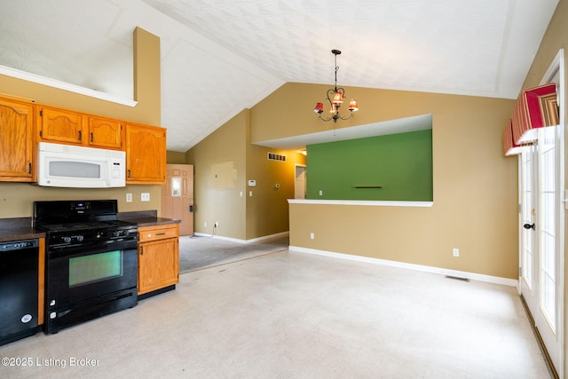 kitchen featuring an inviting chandelier, lofted ceiling, hanging light fixtures, and black appliances