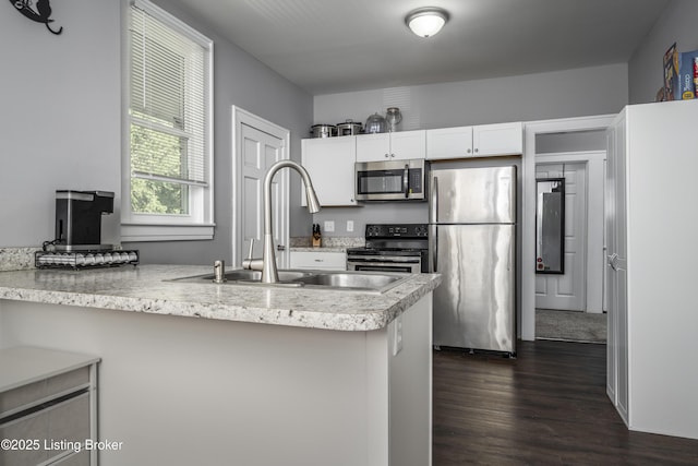 kitchen featuring dark wood-type flooring, sink, white cabinetry, appliances with stainless steel finishes, and kitchen peninsula