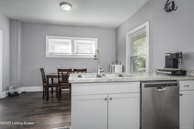 kitchen with dark hardwood / wood-style floors, dishwasher, sink, white cabinets, and kitchen peninsula