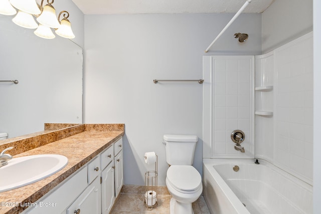 full bathroom with shower / tub combination, vanity, tile patterned floors, toilet, and a chandelier