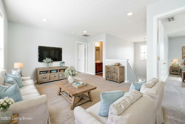 living room with light carpet