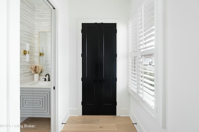 entrance foyer with sink and light hardwood / wood-style floors