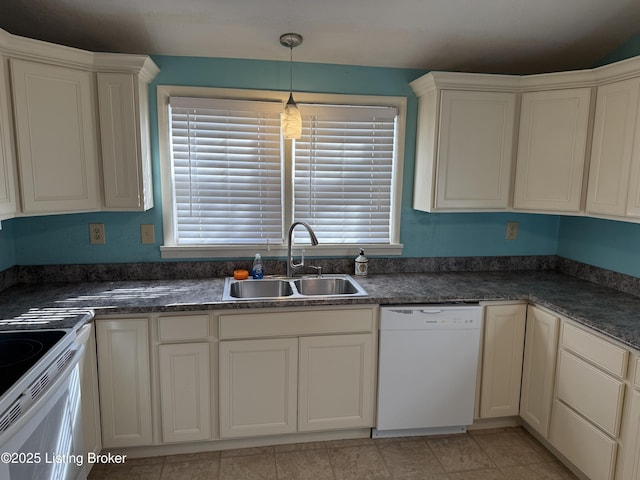 kitchen with white cabinetry, white appliances, sink, and hanging light fixtures