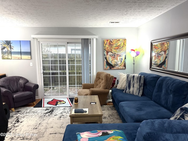 living room featuring hardwood / wood-style flooring and a textured ceiling