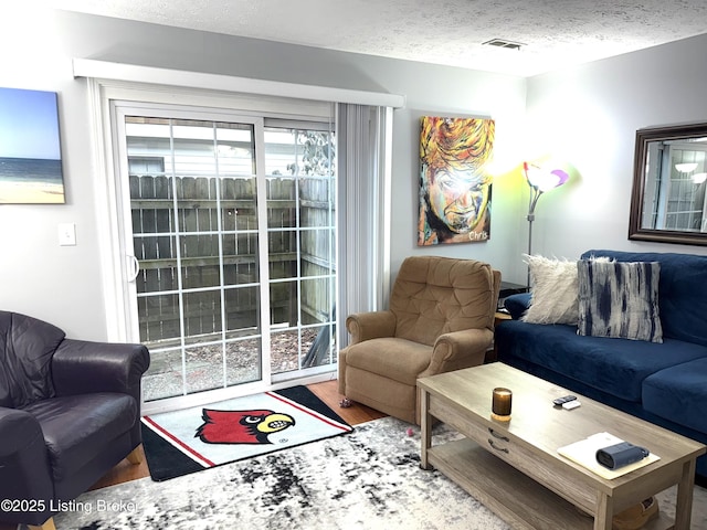 living room with wood-type flooring and a textured ceiling