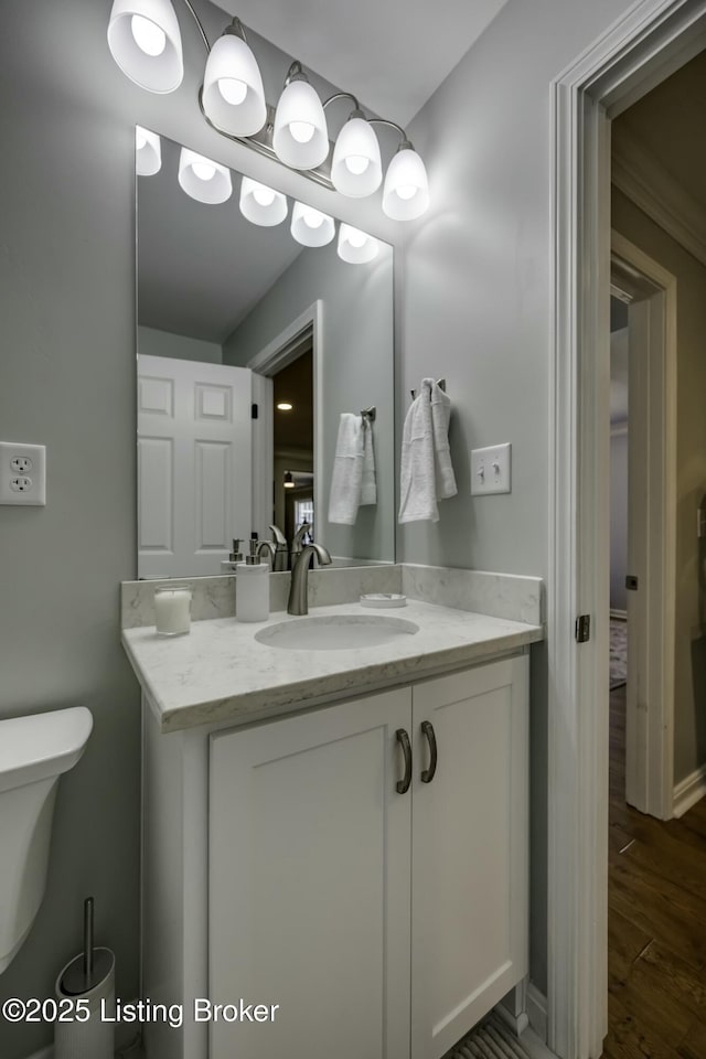 bathroom featuring vanity, toilet, and wood-type flooring