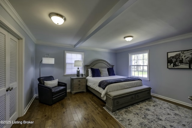 bedroom featuring dark hardwood / wood-style flooring, beam ceiling, and ornamental molding