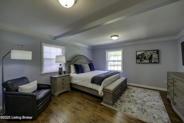 bedroom featuring ornamental molding, dark hardwood / wood-style flooring, and beam ceiling