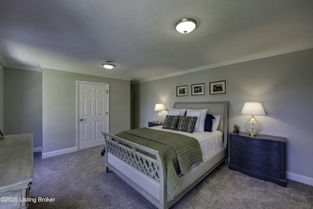 bedroom with ornamental molding, carpet, and a textured ceiling