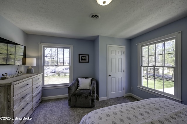 carpeted bedroom with a textured ceiling